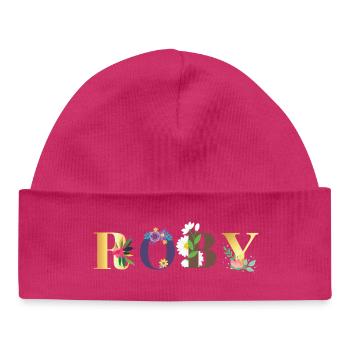 ROBY Namenskunst mit gestickten Blumen - Baby Organic Mütze - hot Pink - Vorne