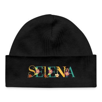 SELENA Name Art With Flowers Embroidered - Baby Organic Beanie - black - Front