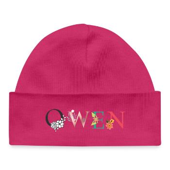 OWEN Namenskunst mit gestickten Blumen - Baby Organic Mütze - hot Pink - Vorne