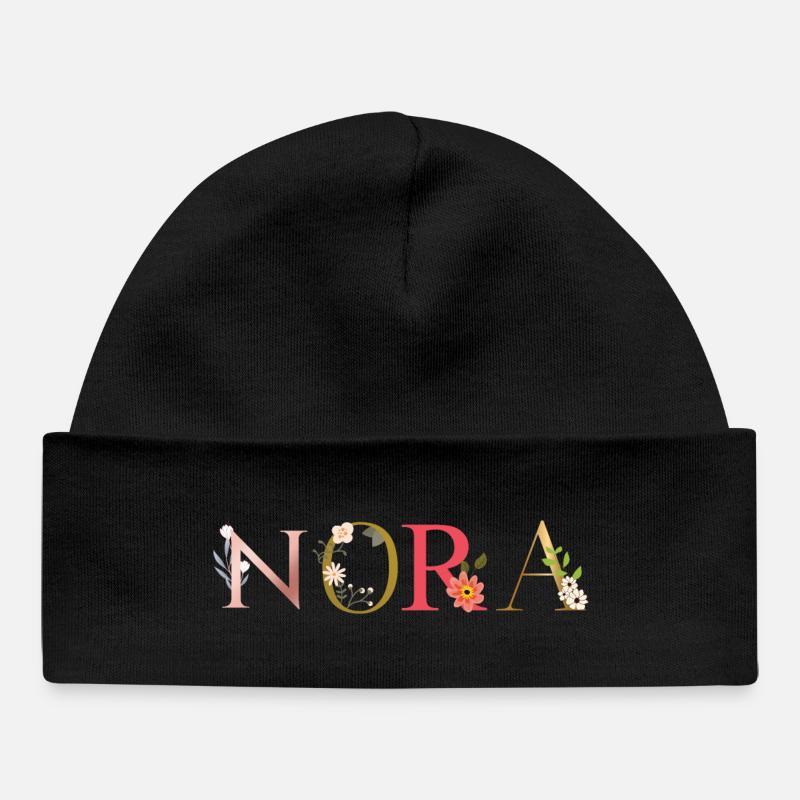 Nom NORA décoré de fleurs - Bonnet bébé bio - noir