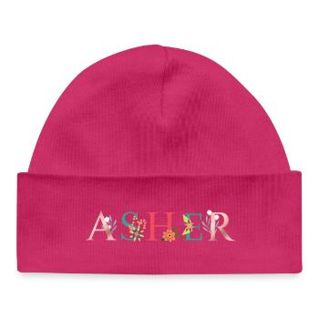 ASHER Name Art With Flowers Embroidered - Baby Organic Beanie - hot pink - Front