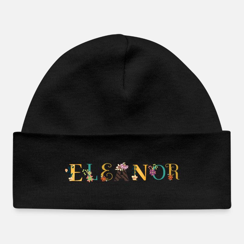 Art du nom ELEANOR avec des fleurs brodées - Bonnet bébé bio - noir