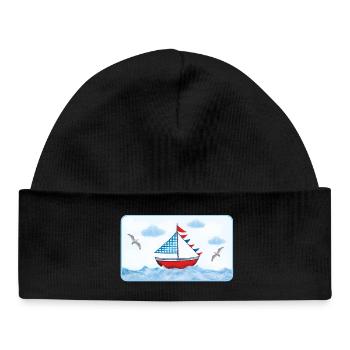 Voilier bleu sur la mer - peint à la main - Bonnet bébé bio - noir - Devant