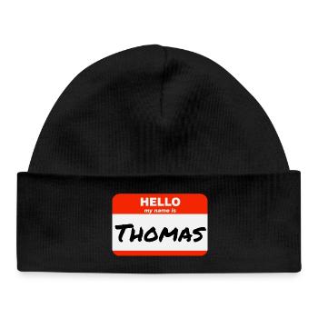 Hello My Name Is Thomas Etikett Namensschild - Baby Organic Mütze - Schwarz - Vorne