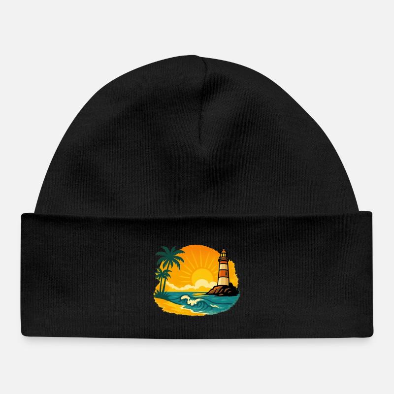 Coucher de soleil avec phare sur une plage tropicale - Bonnet bébé bio - noir