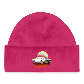 Voiture rétro blanche – vintage classique - Bonnet bébé bio - hot pink - Devant
