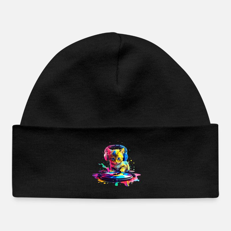 Chaton DJ - Arc-en-ciel - Bonnet bébé bio - noir