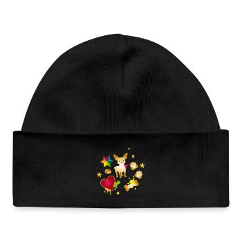 Goldener Chihuahua mit bunten Hunde-Accessoires - Baby Organic Mütze - Schwarz - Vorne