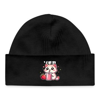 Kawaii kitten drinking strawberry smoothie - Baby Organic Beanie - black - Front