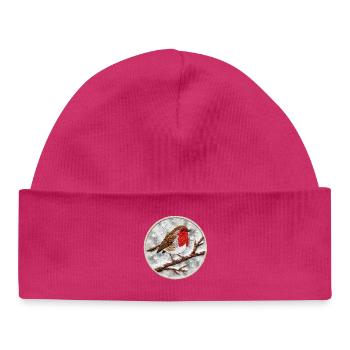 Robin embroidered on a twig (printed) - Baby Organic Beanie - hot pink - Front