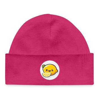 Cute laughing yellow lemon in comic style - Baby Organic Beanie - hot pink - Front