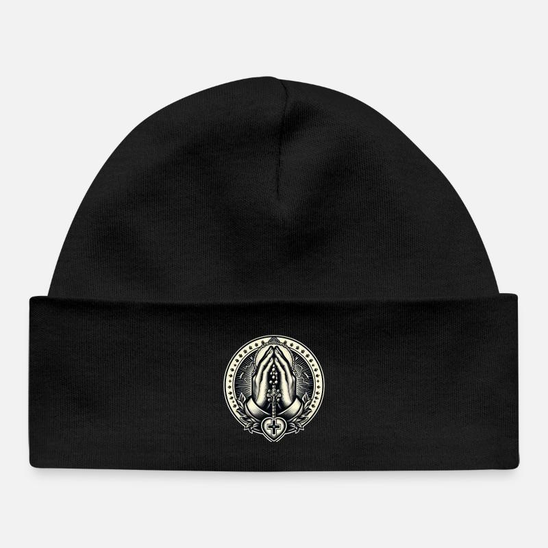 Mains jointes en prière avec chapelet - Bonnet bébé bio - noir
