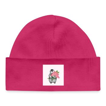 Niedlicher Pinguin mit Pfingstrose - Baby Organic Mütze - hot Pink - Vorne