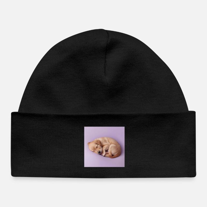 Chiot endormi sur fond lilas - Bonnet bébé bio - noir