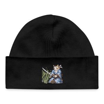 Samurai Cat with Katana – Japanese Ukiyo-e Style - Baby Organic Beanie - black - Front
