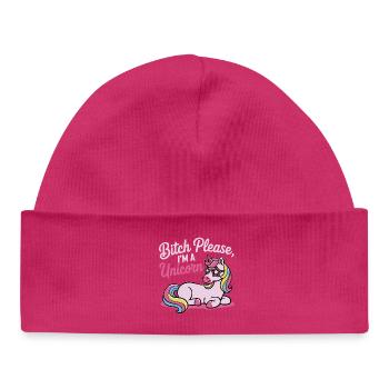 Licorne qui dit un motif de conne, s’il te plaît - Bonnet bébé bio - hot pink - Devant