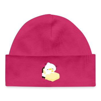 Cozy Sleepy Duck on Yellow Bed - Baby Organic Beanie - hot pink - Front