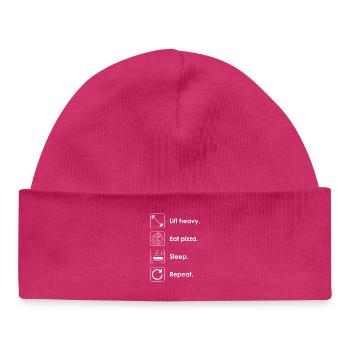 Soulever des charges lourdes. Manger de la pizza. Dormir. Répéter. - Bonnet bébé bio - hot pink - Devant