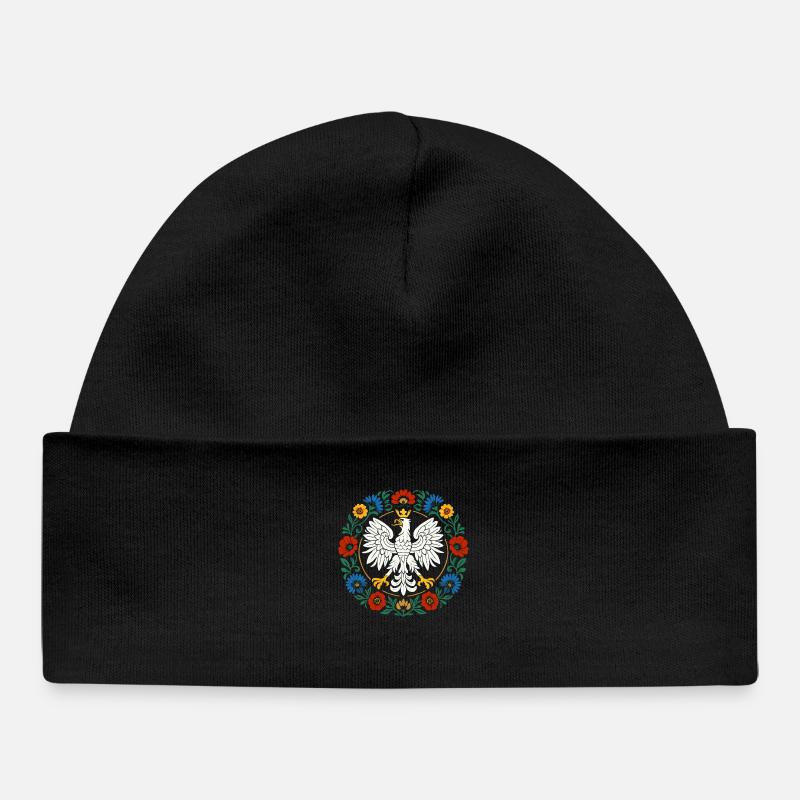 Aigle polonais Emblème folklorique avec des fleurs - Bonnet bébé bio - noir
