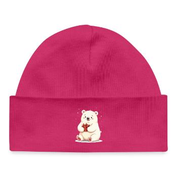 Cute Polar Bear with Gift Illustration - Baby Organic Beanie - hot pink - Front