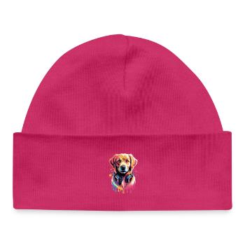 Golden Retriever avec des écouteurs - Bonnet bébé bio - hot pink - Devant