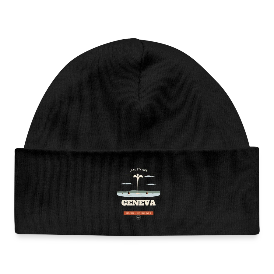 Geneva badge on a baby organic beanie, black