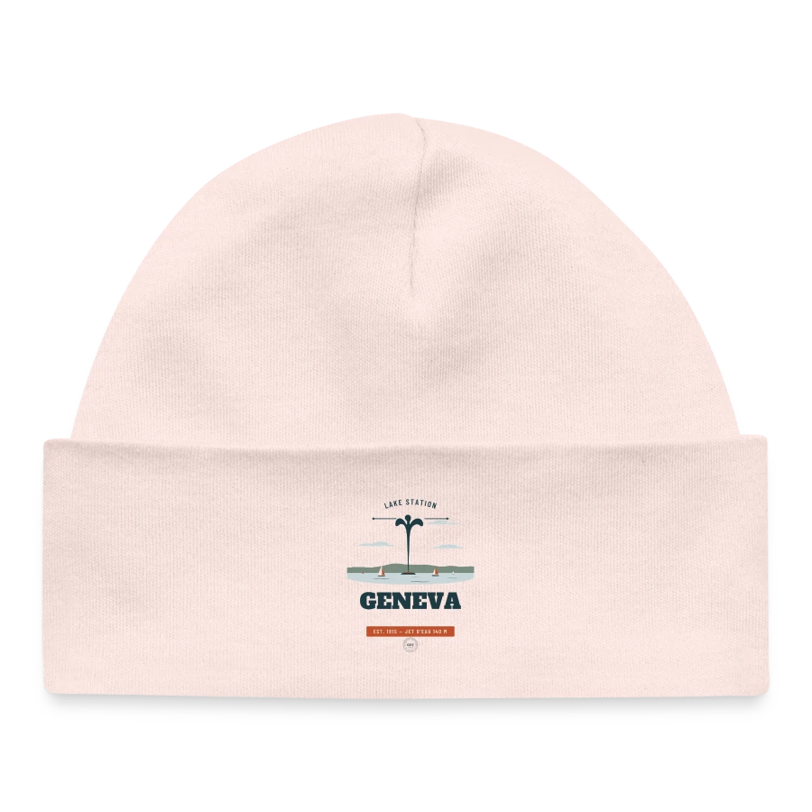 Geneva badge on a baby organic beanie, pale pink