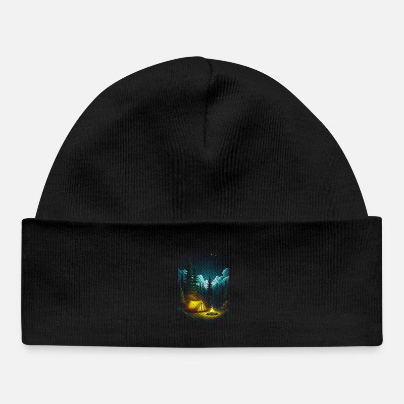 Nuit étoilée, feu de camp, scène de forêt - Bonnet bébé bio - noir