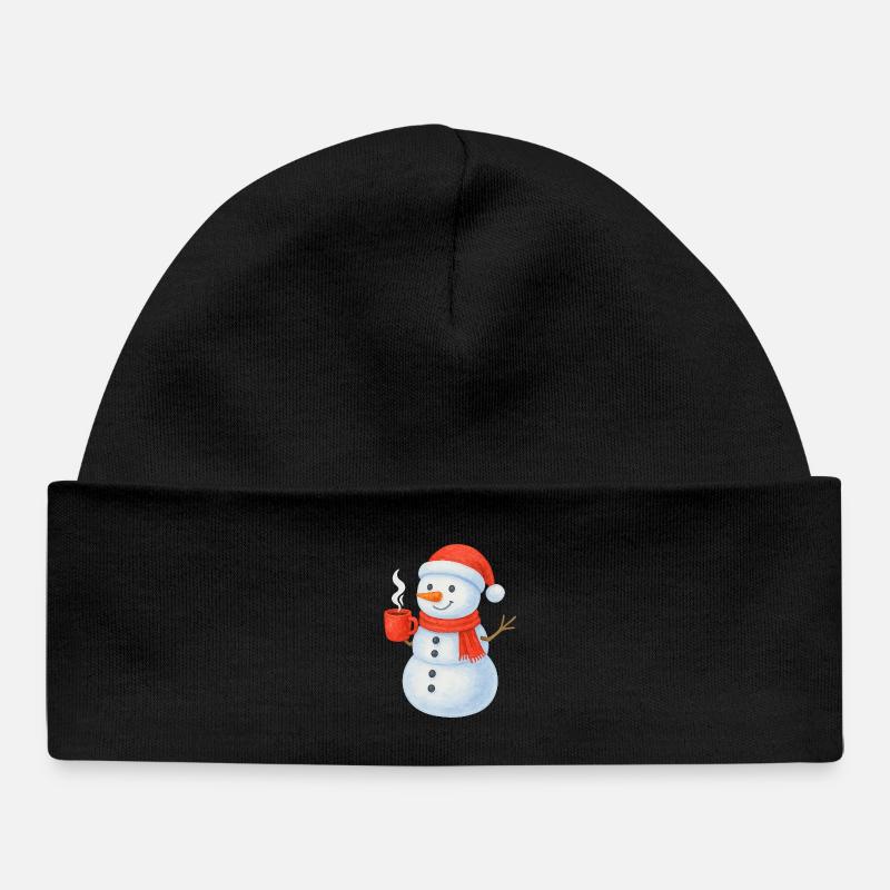 Bonhomme de neige avec écharpe et gobelet rouges - Bonnet bébé bio - noir