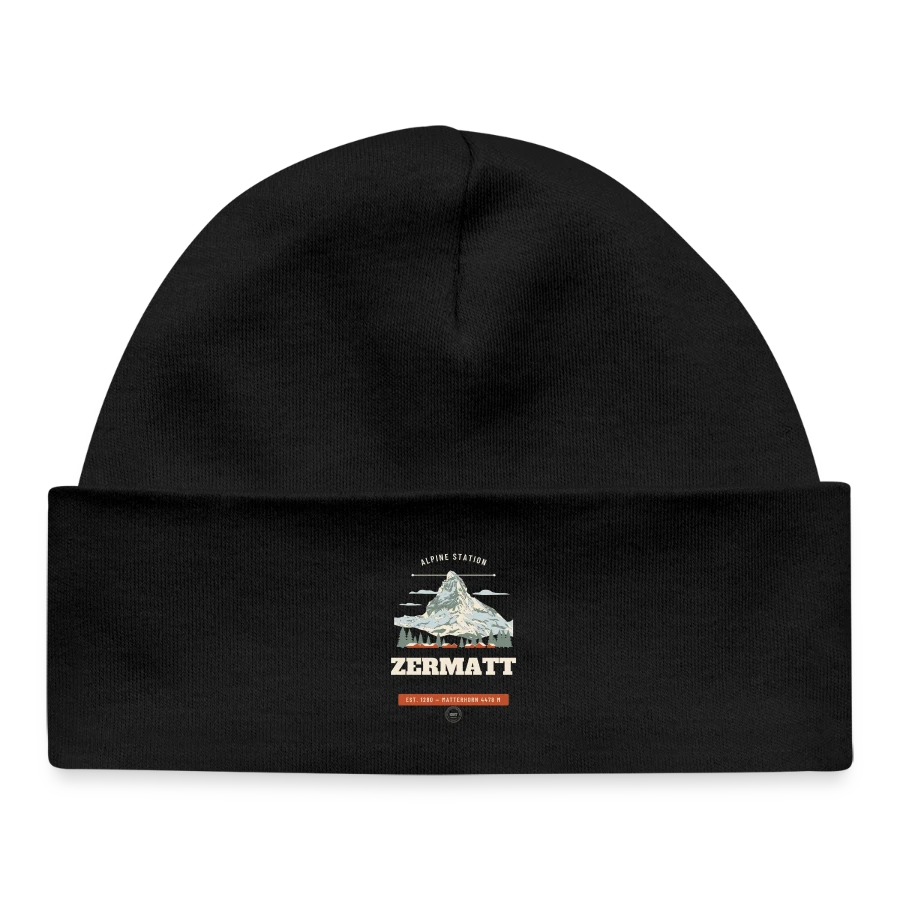 Zermatt badge on a baby organic beanie, black