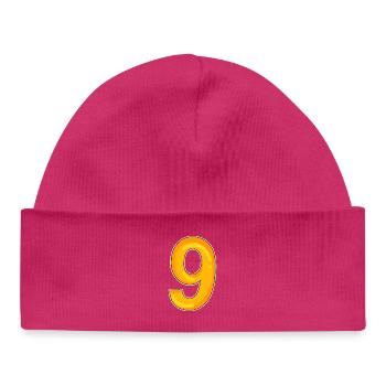 Number 9 - Nine - 9 motif in yellow - Baby Organic Beanie - hot pink - Front