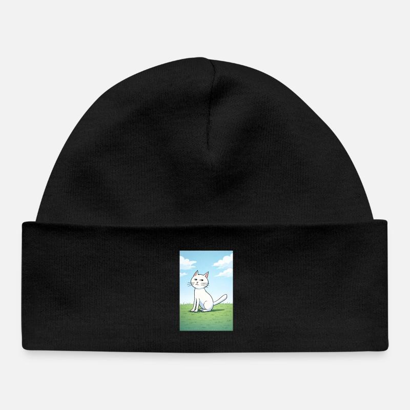 White cat with a cheeky look - Baby Organic Beanie - black