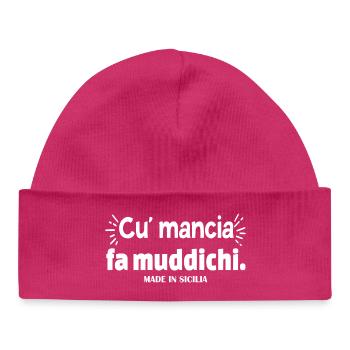 Sicile Proverbe sicilien cu mancia fa muddichi - Bonnet bébé bio - hot pink - Devant