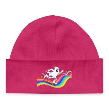 Un fantôme patine à roulettes sur une patinoire arc-en-ciel - Bonnet bébé bio - hot pink - Devant