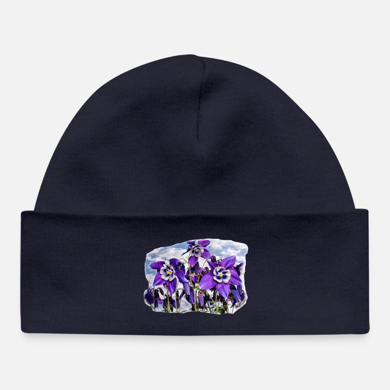 Aquilée fleurie - Bonnet bébé bio - bleu marine