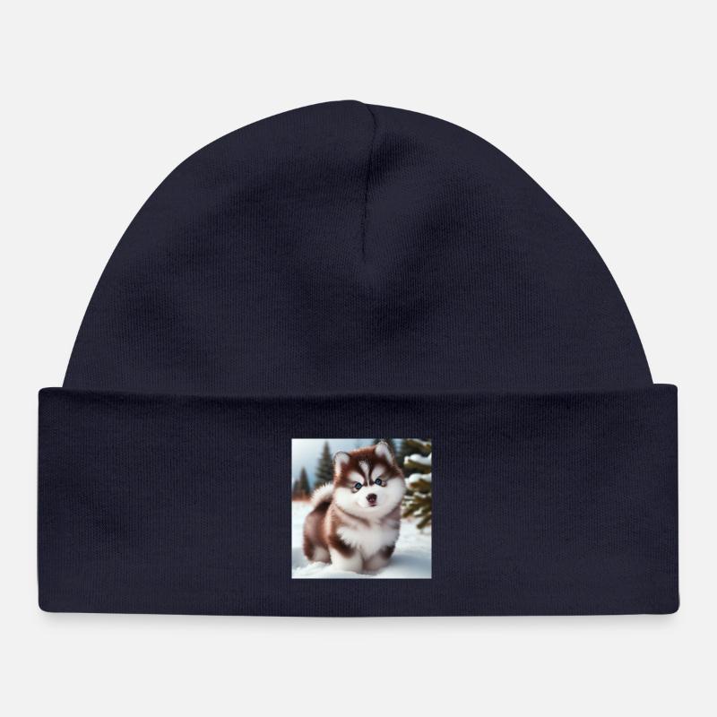 Chiot husky sibérien dans la neige - Bonnet bébé bio - bleu marine