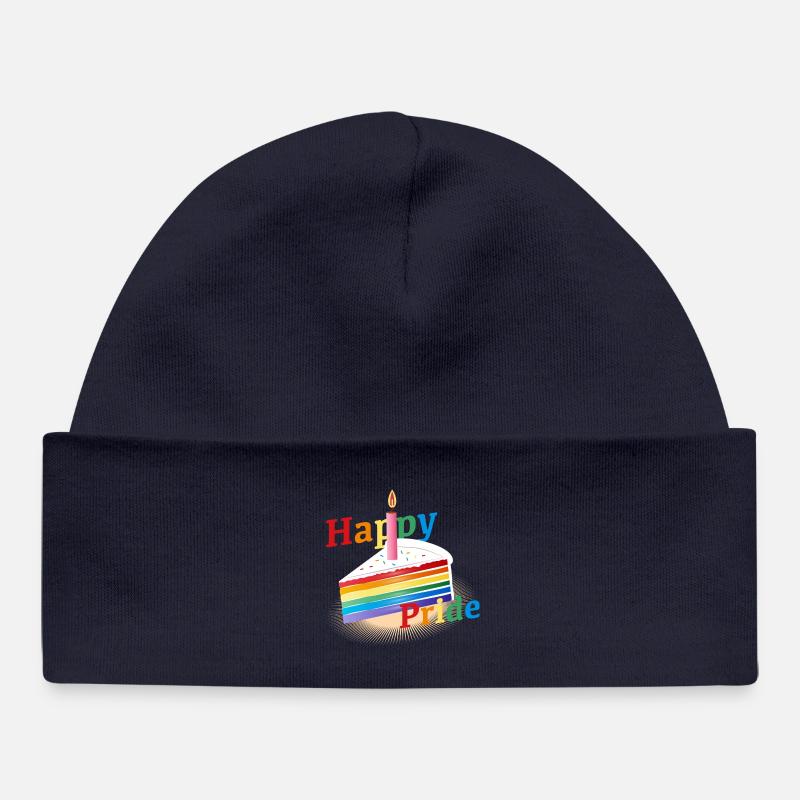 Un morceau de gâteau arc-en-ciel avec bougie d’anniversaire - Bonnet bébé bio - bleu marine