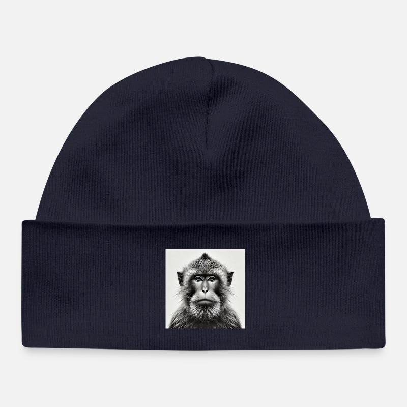Singe en niveaux de gris - Bonnet bébé bio - bleu marine
