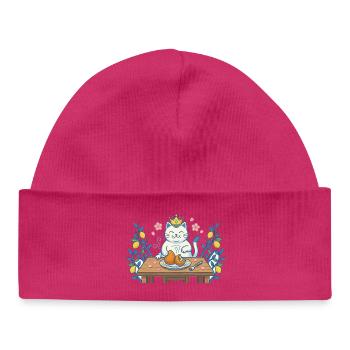 King cat at the table with kibble - Baby Organic Beanie - hot pink - Front