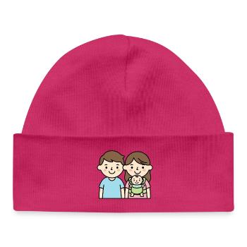Jeune famille avec bébé | Mignon Parents Dessin Animé - Bonnet bébé bio - hot pink - Devant