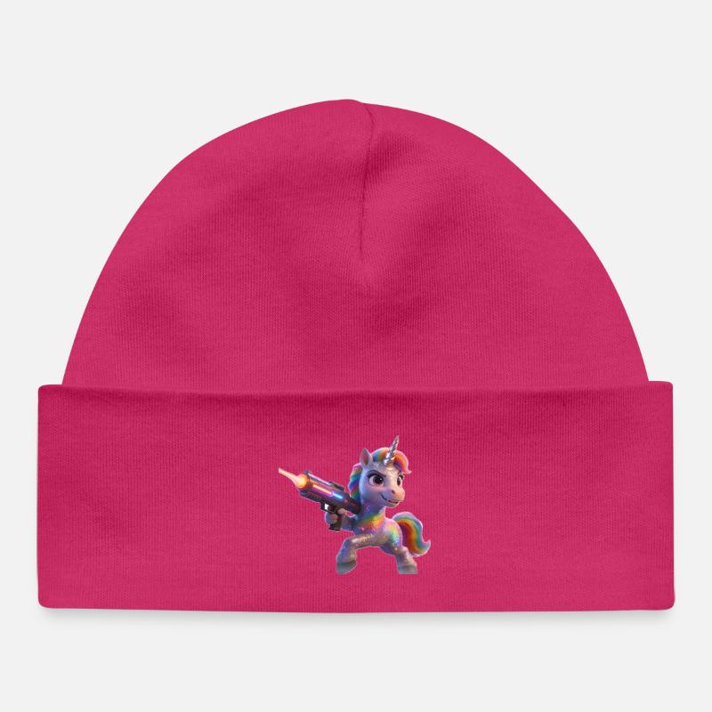 Licorne arc-en-ciel avec pistolet laser - Bonnet bébé bio - hot pink