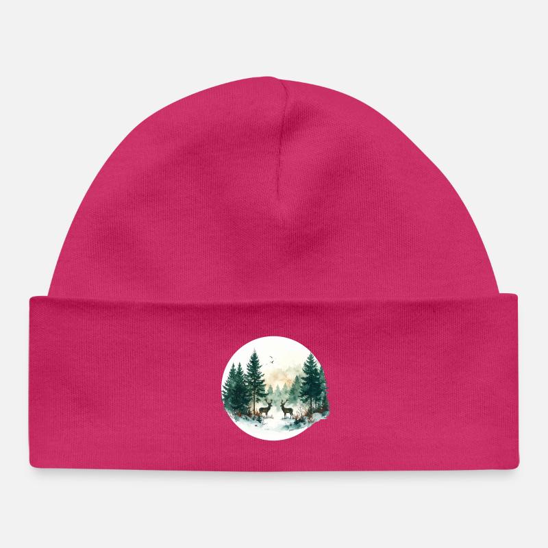 Animaux de la forêt dans la forêt – Aquarelle de Noël - Bonnet bébé bio - hot pink