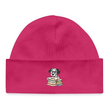 Cute Dalmatian Dog Reading Book with Glasses - Baby Organic Beanie - hot pink - Front