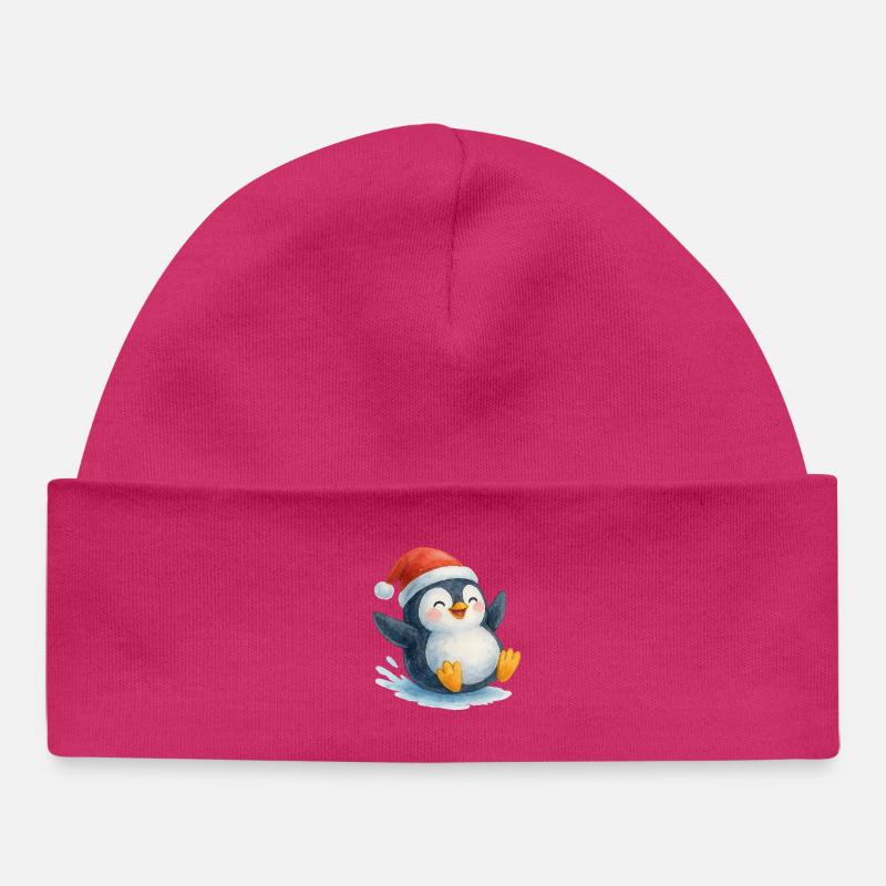 Le Pingouin de Noël dans le style aquarelle - Bonnet bébé bio - hot pink