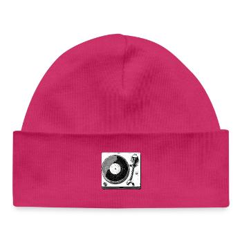Platine vinyle rétro noir blanc - Bonnet bébé bio - hot pink - Devant
