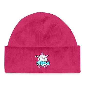 Small Cat and Blue Fish - Baby Organic Beanie - hot pink - Front
