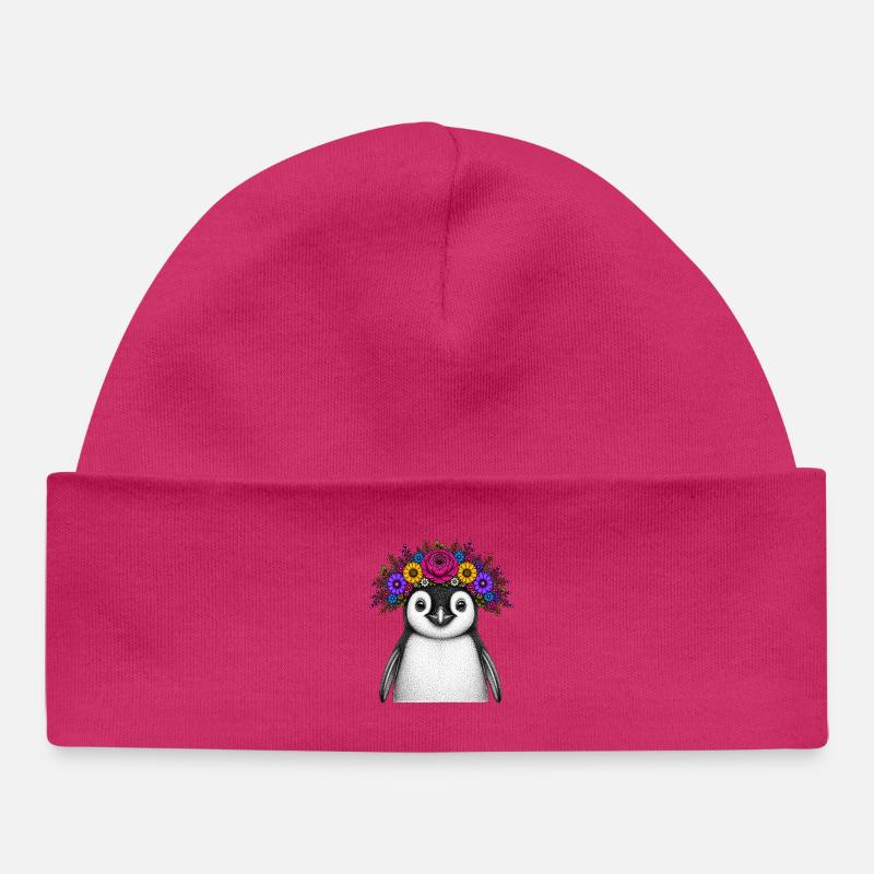 Pingouin avec couronne de fleurs - Bonnet bébé bio - hot pink