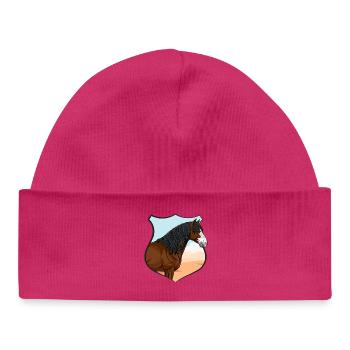 La tête du cheval Abaco, un écusson et un paysage - Bonnet bébé bio - hot pink - Devant