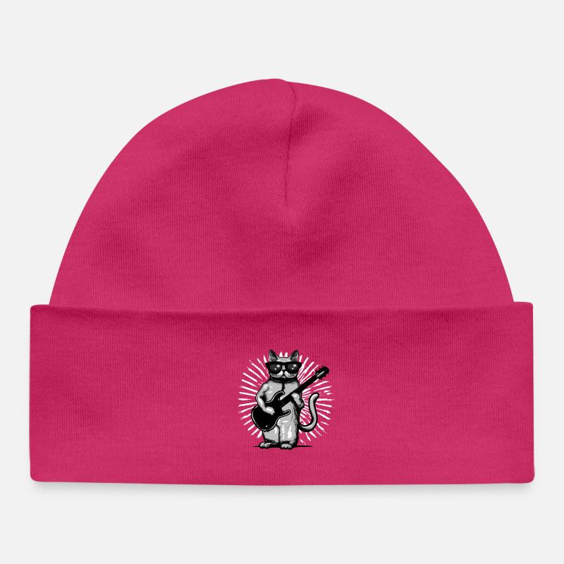 Chat Guitariste - Bonnet bébé bio - hot pink