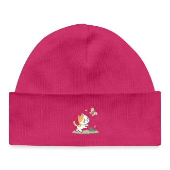 Chat joueur et papillon - Bonnet bébé bio - hot pink - Devant